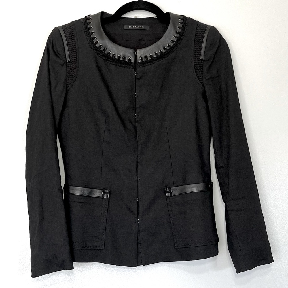 Elie Tahari Calista Black Linen Blend Faux Leather Trim Blazer Size 0